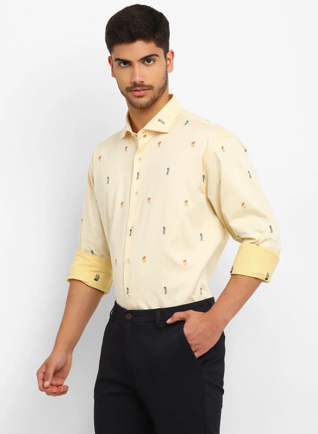 Yellow Cotton Cartoon Printed Full Sleeve Shirt