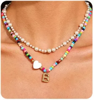 YUJIE Colorful Layered Beaded Necklace Initial Letter B Charm Necklace for Women Pearl Necklace Handmade Boho Fashion Jewelry